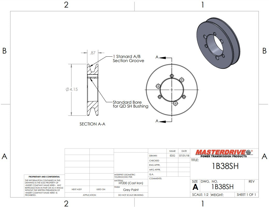 1B38SH              Quick Detach Sheave A/B Section 1 Groove